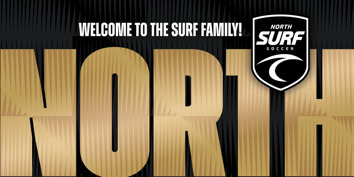 Welcome banner for North Surf Soccer: bold gold 'NORTH' text on a black striped background with the logo on the right.