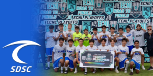 Group of youth soccer players posing with a large Ticket Punched banner after a tournament, with the SDSC logo on a blue left panel and a bright ECNL Playoffs backdrop behind them.