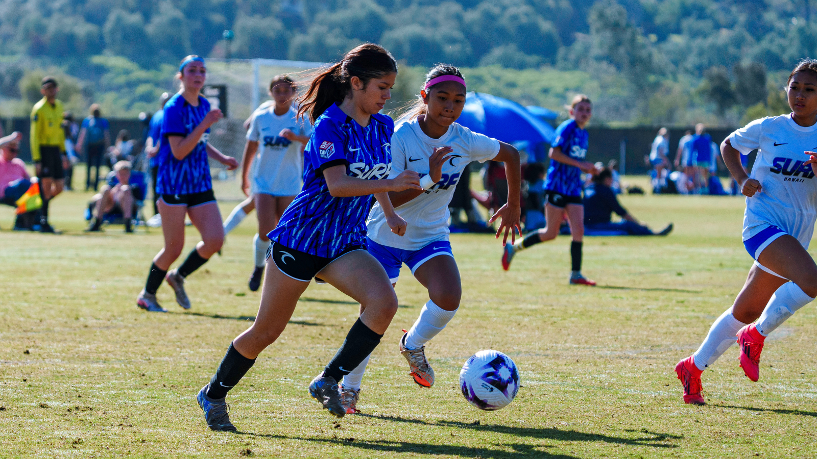 Girls' soccer match: two players in blue and white kits chase the ball on a sunny grass field