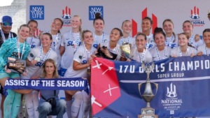 Women’s soccer team celebrating with trophies and medals at a national championship ceremony, holding an 'Assist of the Season' banner and a large champions banner.