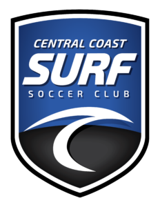 Shield-shaped Central Coast Surf Soccer Club logo on blue gradient with large 'SURF' lettering and a white wave motif.