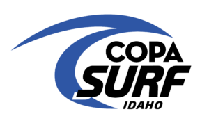 Abstract blue curved swoosh logo on a black background.