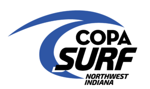 Abstract blue swoosh logo: two curved blue arcs forming a partial circle on a black background