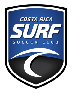 Costa Rica Surf Soccer Club logo on a blue gradient shield with bold white SURF text and 'Costa Rica' above, 'Soccer Club' below.
