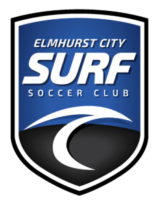 Elmhurst City Surf Soccer Club shield logo with blue gradient, white border, large SURF text, and curved white wave motif.