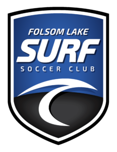 Logo for Folsom Lake Surf Soccer Club: a blue shield with white border and wave motif, featuring the word SURF