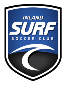 Logo badge for Inland Surf Soccer Club: blue shield with white border and curved white wave design at bottom.
