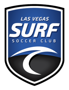 Blue shield logo with 'LAS VEGAS SURF' typography and 'SOCCER CLUB' text, featuring white curved wave elements on a dark background.