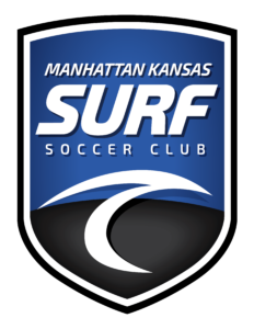 Logo for Manhattan Kansas Surf Soccer Club featuring a blue shield with white text 'MANHATTAN KANSAS SURF' and curved graphic elements