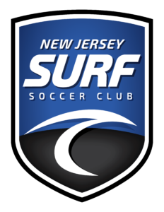 Blue shield logo for New Jersey Surf Soccer Club with white curved waves at bottom and bold white 'SURF' text atop a blue gradient background.