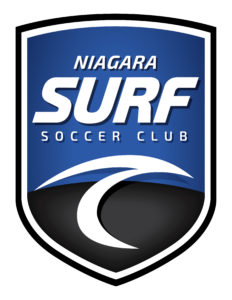Shield-shaped Niagara Surf Soccer Club logo on blue gradient, with NIAGARA above a large SURF and 'SOCCER CLUB' text beneath.
