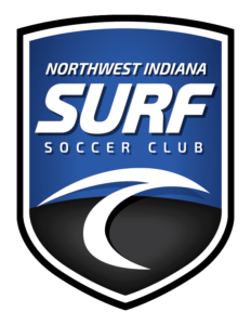 Shield logo for Northwest Indiana Surf Soccer Club: blue gradient field, large 'SURF' text, and a white wave against a dark base.