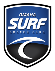 Shield-style logo for Omaha Surf Soccer Club with a blue gradient background and white bold text, plus curved white swoosh elements.
