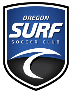 Shield logo for Oregon Surf Soccer Club: blue gradient field, bold white 'SURF' text, 'OREGON' above.