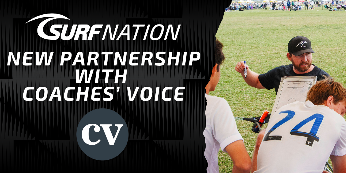 Partnership banner: Surf Nation and Coaches’ Voice announced; left side branding panel, right side coach with clipboard instructing players on a grassy field.