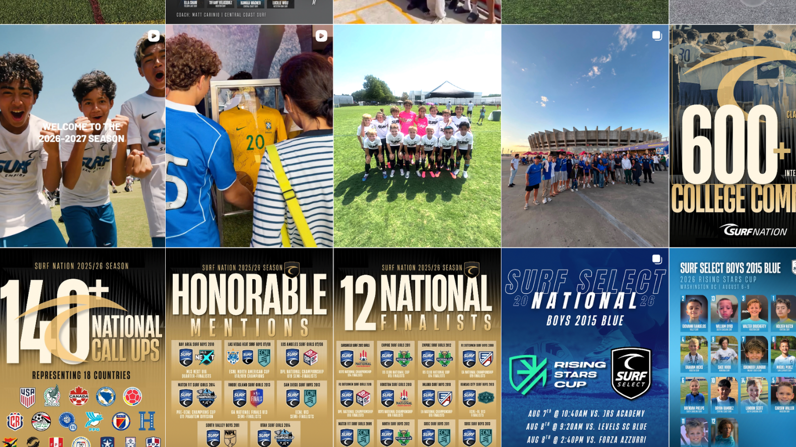 Collage of youth sports posters and team photos, featuring soccer and surfing events on a grid.