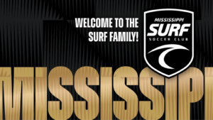 Banner welcoming viewers to the Mississippi Surf Soccer Club, featuring the club shield logo and large gold 'MISSISSIPPI SURF' text.