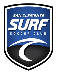 San Clemente Surf Soccer Club logo on a blue shield with white trim and bold white text SURF across the center.