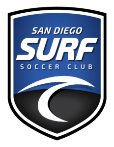 Shield emblem with blue gradient, white border, and the text 'SAN DIEGO SURF SOCCER CLUB'.