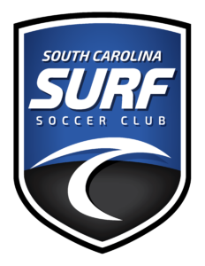 South Carolina Surf Soccer Club shield logo in blue with white border and wave motif