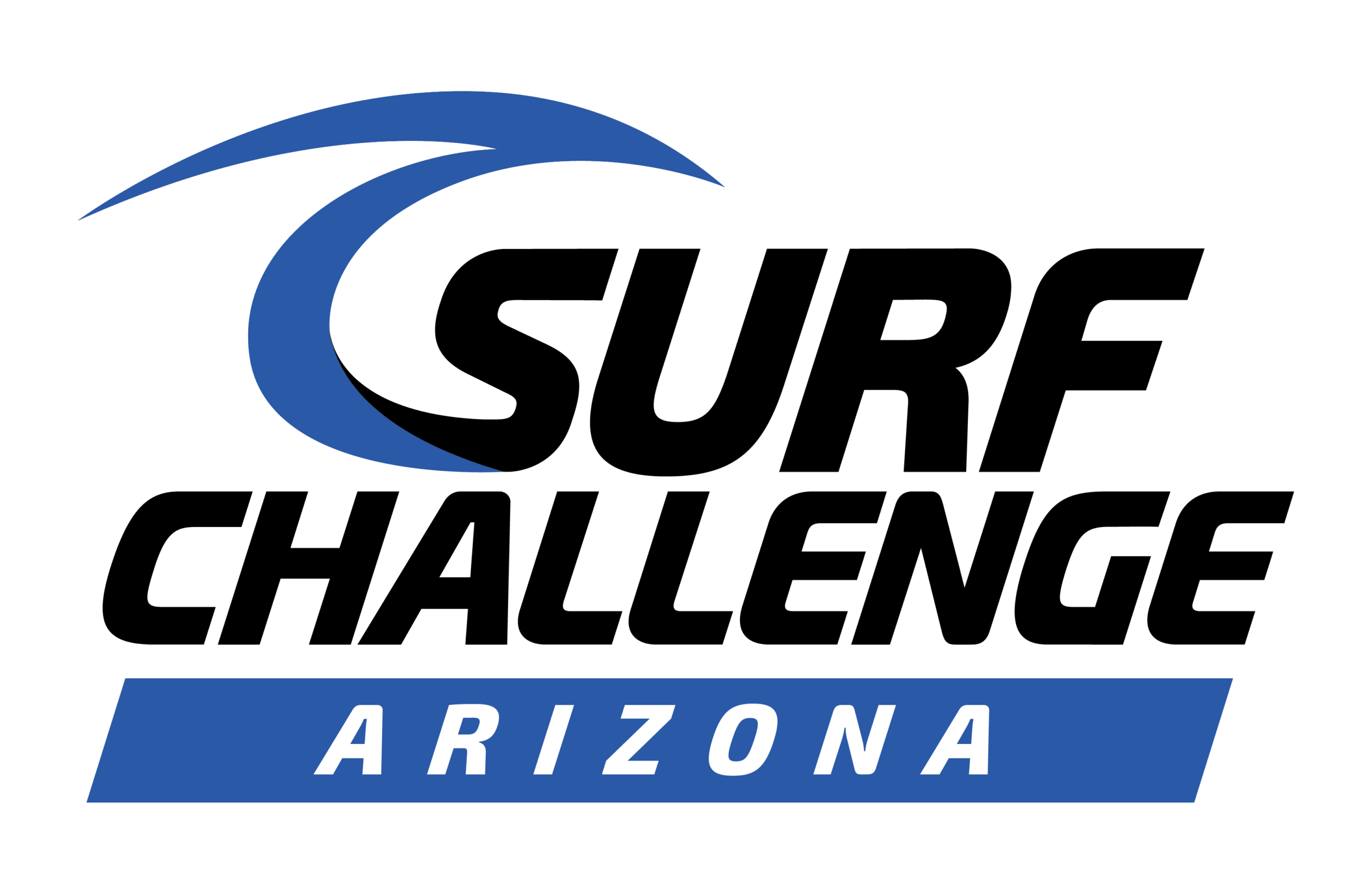 SurfChallenge-Logo-Arizona_2color Logo featuring two blue arc shapes forming a curved design above a blue ribbon with the word ARIZONA, on a dark background