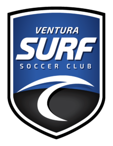 Ventura Surf Soccer Club logo on a blue shield with a white border and wave motif, featuring bold white text.