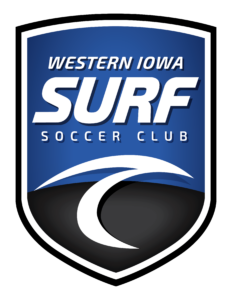 Logo badge for Western Iowa Surf Soccer Club featuring a blue shield with white text 'WESTERN IOWA SURF' and a white wave motif on a black background.